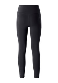 Sorte leggings lavet af strækbart stof, med høj talje, glat tekstur og sidelommer for funktionalitet.