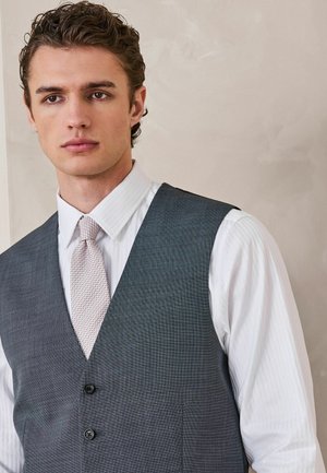 Young man with short curly hair wearing a white dress shirt, light patterned tie, and gray buttoned vest, standing against a plain light wall.