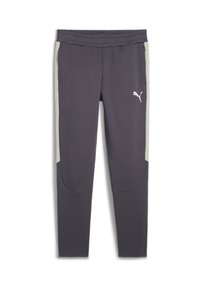 Puma športové nohavice z tmavošedej tkaniny s svetlošedými bočnými panelmi, priliehajúci strih, elastický pás a logo na ľavom stehne.