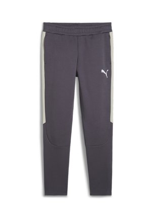 Pantalones deportivos Puma en tela gris oscuro con paneles laterales gris claro, corte ajustado, cintura elástica y logo en el muslo izquierdo.