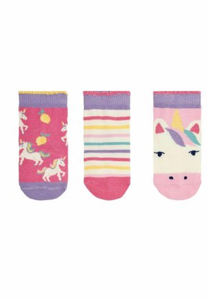 Set di tre paia di calzini per bambini: rosa con unicorni e limoni, strisce pastello e una faccia di unicorno; in misto cotone, lunghezza alla caviglia, con polsini a coste.