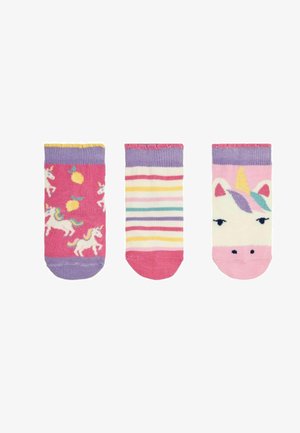 Kolmese laste sokkide komplekt: roosa koos ükssarvikute ja sidrunitega, pastelltriibud ja ükssarviku nägu; puuvillane segus, pahkluu pikkus, soonikkoes varred.