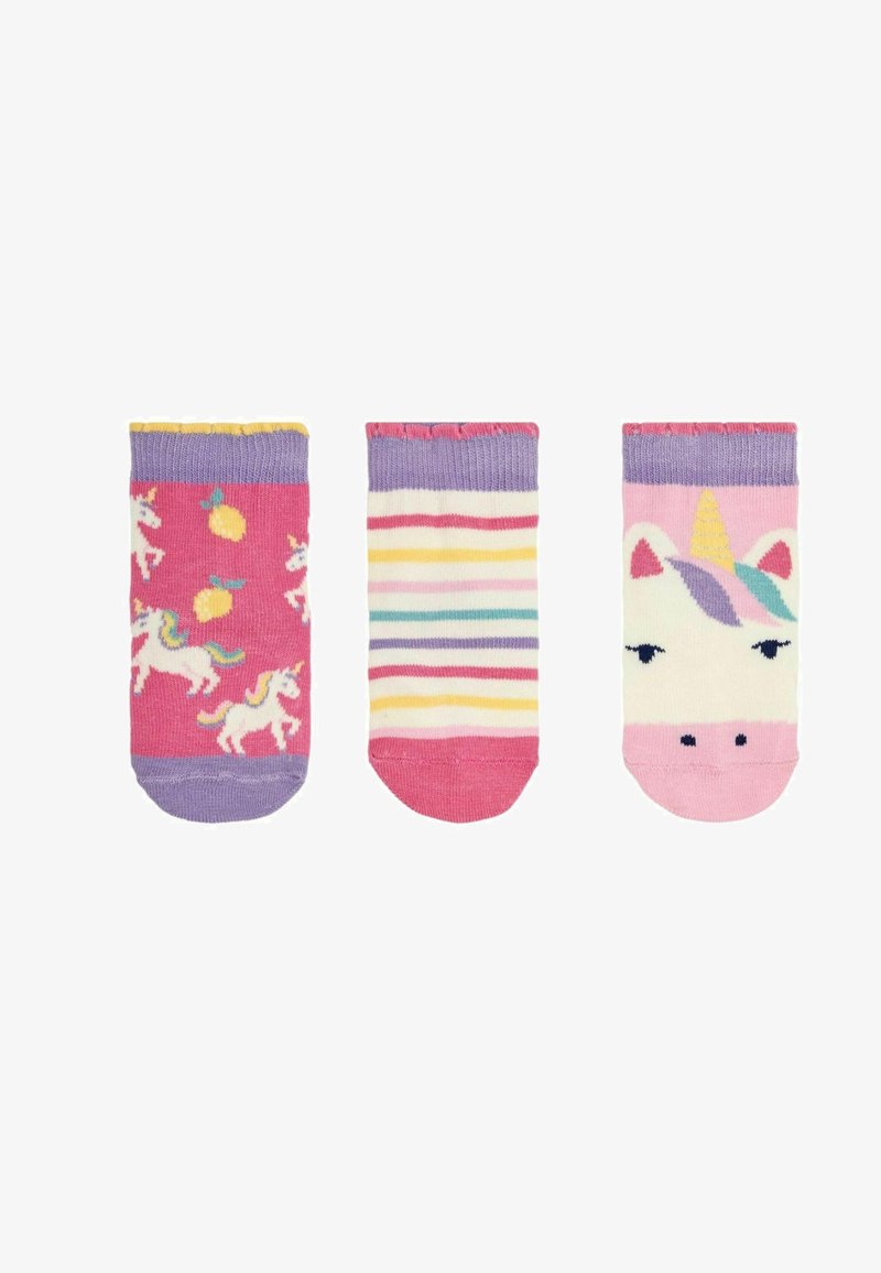Három pár gyerek zokni: rózsaszín unikornisokkal és citromokkal, pasztell csíkos, és unikornis arcával; pamutkeverék, bokáig érő, bordázott szegélyekkel.