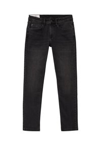 Jeans de denim negros ajustados con cierre de botón y cremallera, cinco bolsillos y un sutil desgastado en los muslos y las rodillas.