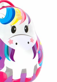 Zaino per bambini con finitura lucida, design di unicorno con criniera multicolore, dettagli rosa e motivi a stelle su uno sfondo viola.