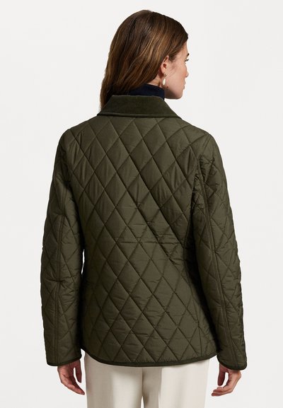 Quilted green jacket with a collar, featuring a diamond pattern and a relaxed fit, shown from the back with folded sleeves.