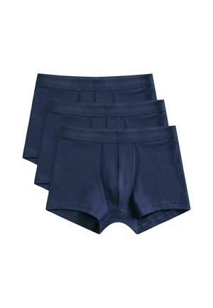 Drei marineblaue Herren-Boxershorts gestapelt mit elastischen Bund, glattem Stoff und vorderem Eingriff.