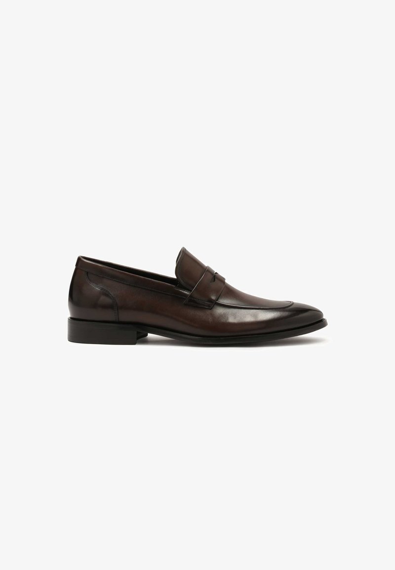 Brown leather loafers with a smooth finish, pointed toe, and a subtle strap accent. Features a low, rectangular heel.