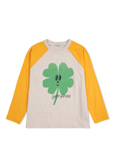 Gray long-sleeve shirt with yellow raglan sleeves, featuring a green clover graphic and black text reading "BOBO CHOSES" below.