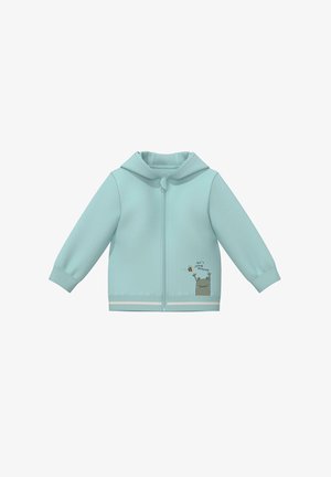 Sweat à capuche pour tout-petit bleu clair avec fermeture éclair à l'avant, capuche, poignets, rayures blanches à l'ourlet, et petit dessin de grenouille et d'abeille avec le texte "let's jump around".