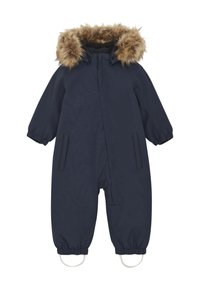 Navyblauwe kindersneeuwpak met een met bont afgewerkte capuchon, elastische manchetten, twee zijzakken en voetbanden voor een veilige pasvorm. Waterdicht materiaal.