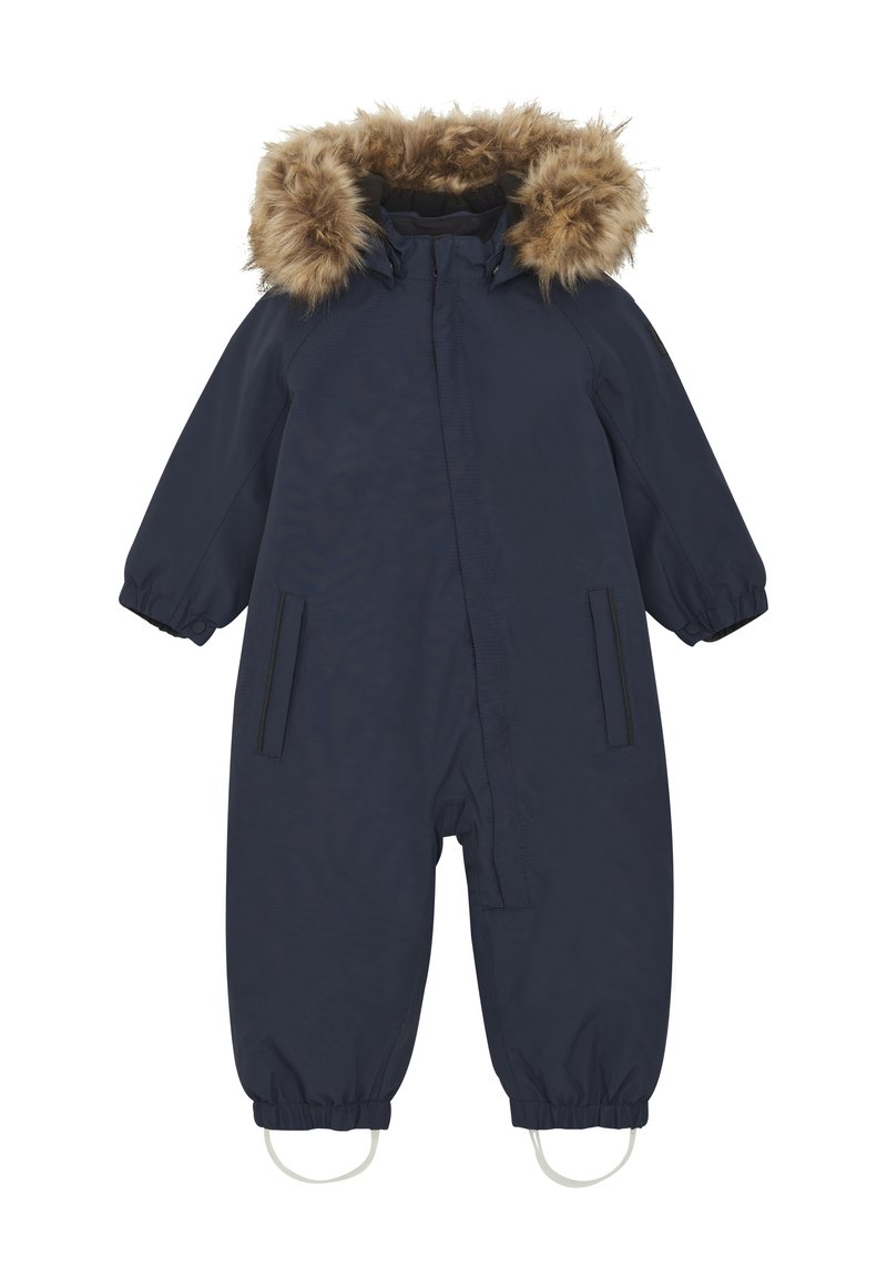 Navyblauwe kindersneeuwpak met een met bont afgewerkte capuchon, elastische manchetten, twee zijzakken en voetbanden voor een veilige pasvorm. Waterdicht materiaal.