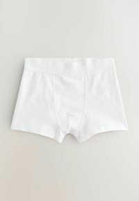 Vita bomull boxershorts med en slät textur, med ett mjukt midjeband präglat med ordet "NEXT". Enkelt design, rektangulär form.