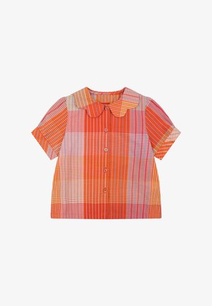 Korte mouwen overhemd in oranje en roze geruit patroon, voorzien van een ronde kraag en knoopsluiting aan de voorkant. Lichtgewicht stof.