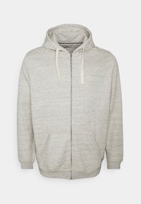 Siva zip-up dukserica izrađena od mekog, teksturiranog materijala. Ima kapuljaču s vezicama i dva prednja džepa.