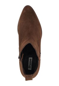 Brown suede ankle boot with pointed toe, side zipper detail, and a small pull tab at the heel. Interior features a black lining.