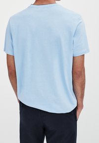 Lysblå bomulds t-shirt med korte ærmer, rund hals og en glat tekstur. Bagfra ses en afslappet pasform og en let kurve ved kanten.