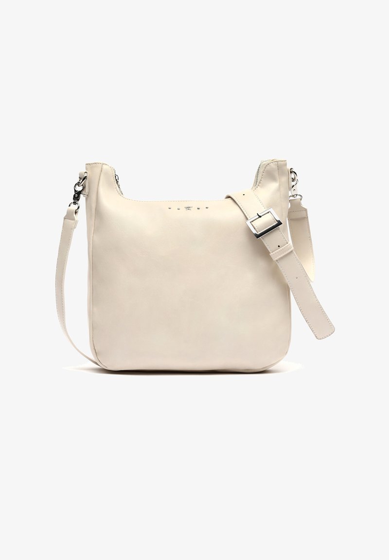 Borsa a spalla in pelle crema con una texture liscia, tracolla regolabile, finiture argentate e chiusura con zip. Design minimalista con accenti sottili.