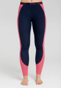 Marineblå og lyserøde leggings med en tætsiddende pasform, der har sidelommer i kontrasterende lyserød, blød tekstur og en talje med branding.