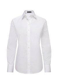 Weißes, langärmliges Button-Up-Hemd aus Baumwolle. Verfügt über einen klassischen Kragen, eine Knopfleiste und eine glatte, knisternde Textur.