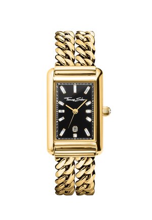 Rechteckige goldene Armbanduhr mit schwarzem Zifferblatt, goldenen Zeigern, Gliederarmband und Kristall-Stundenmarkierungen, mit Datumsfenster auf sechs Uhr.