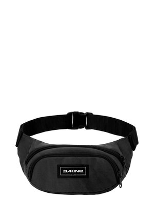 Black Dakine waist bag with two zippered compartments and adjustable strap with plastic buckle closure.