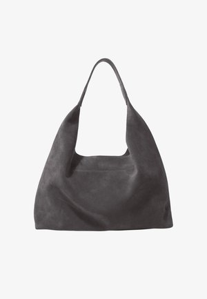 Grijze suède schoudertas met een brede, zachte body en een open bovenkant. Heeft een grote, ronde silhouet en minimale stikdetails.