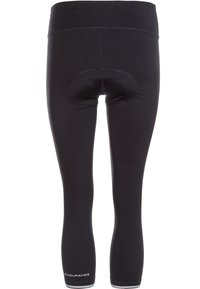 Zwarte leggings met een aansluitend ontwerp, voorzien van een rond gepolsterd gebied aan de achterkant en een logoaddertje aan de onderrand. Gladde textuur.