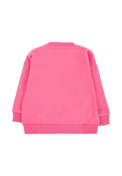 Felpa a maniche lunghe di un brillante colore rosa con polsini, orlo e colletto a coste, mostrata da dietro su uno sfondo bianco.