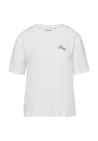 Weißes Baumwoll-T-Shirt mit rundem Ausschnitt und kurzen Ärmeln. Auf der Vorderseite befindet sich ein schwarzer Druck mit dem Design "The Creative Era".