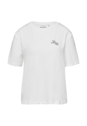 T-shirt en coton blanc avec un col rond et des manches courtes. Présente un design imprimé noir "The Creative Era" à l'avant.