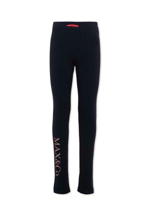 Leggings negros de ajuste slim con cintura elástica y logo "MAX&Co." impreso verticalmente en la parte inferior de la pierna izquierda en rosa claro.