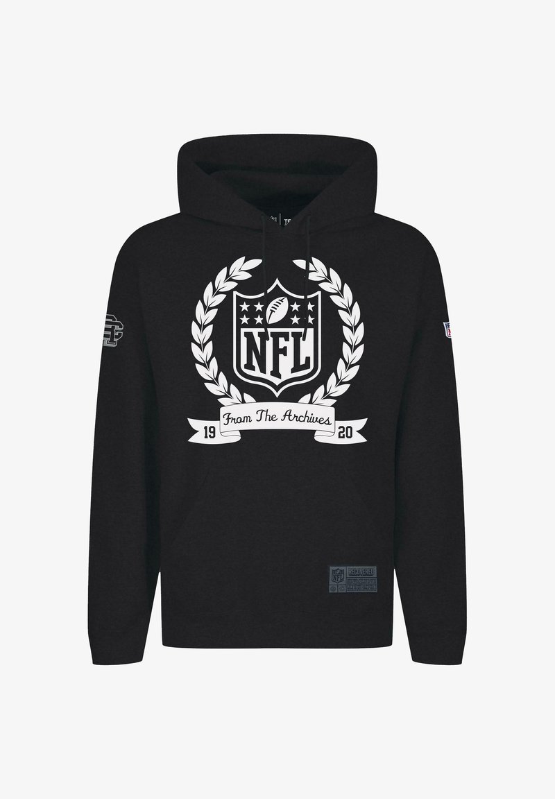Schwarze Kapuzenjacke mit einem zentralen NFL-Logo, Lorbeerdesign und dem Text "From The Archives" in Weiß. Enthält ein seitliches Etikett und Kordeln.