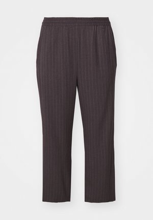 Dark gray, elastic waistband pants with vertical pinstripes, tapered bottom, smooth fabric, and side pockets for a streamlined design.