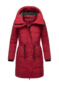 Red puffer jacket with a high collar, drawstring waist, and black accents. The material is quilted, featuring two zippered pockets.