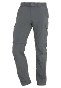 Harmaat ulkoiluhousut, joissa on vyö, vetoketjulliset sivutaskut, kevyt kangas ja muotoillut polvet parannetun liikkuvuuden takaamiseksi.