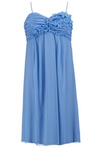 Robe bleu clair sans manches avec fines bretelles, corsage froncé et fleurs en tissu décoratives en haut à droite.