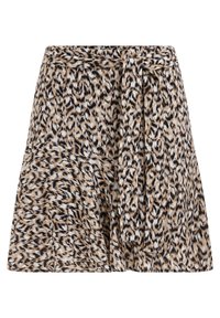 Luipaardprint rok in beige, zwart en wit. Heeft een strikceintuur in de taille, een vloeiende design en een uitlopende zoom. Gemaakt van een polyester blend stof.
