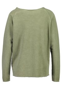 Maglioncino verde a maniche lunghe con vestibilità comoda, tessuto morbido, scollo ampio e orlo grezzo. Design semplice senza motivi o dettagli visibili.