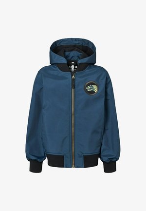 Blaues Kapuzenjacke für Kinder mit schwarzen Bündchen und Saum, Reißverschluss vorne und einem runden Dinosaurier-Aufnäher auf der linken Brust.