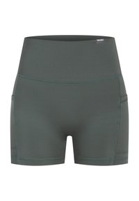Groene sportshorts met een hoge tailleband, een gladde textuur, twee zijzakken en contrasterende stiksel details.