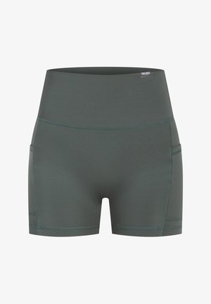 Zielone szorty sportowe z wysokim pasem, gładką teksturą, dwiema bocznymi kieszeniami i kontrastującymi szwami.