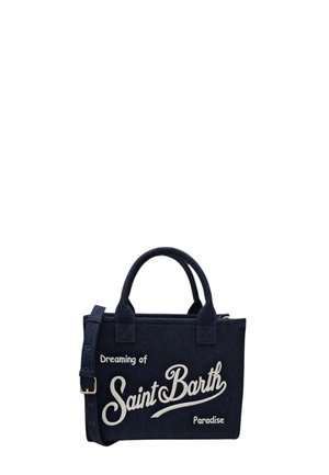 Borsa a mano blu scuro con due manici e una tracolla, con testo bianco "Dreaming of Saint Barth Paradise" sul davanti.