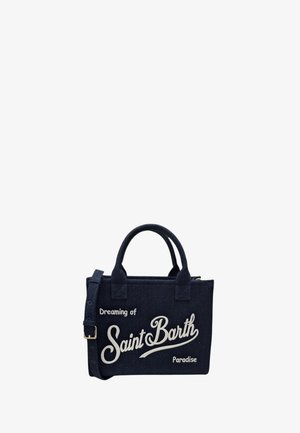 Borsa a mano blu scuro con due manici e una tracolla, con testo bianco "Dreaming of Saint Barth Paradise" sul davanti.