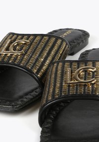 Black slide sandals with gold striped pattern, featuring a gold logo accent and woven detailing on the edges. Flat sole, smooth texture.