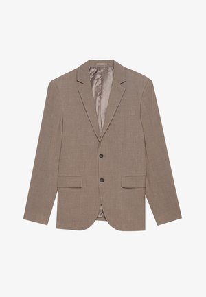 Blazer marron clair en tissu texturé, doté de deux poches avant, d'une fermeture à un bouton et d'une doublure intérieure satinée.