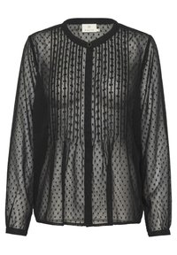 Schwarze transparente Bluse mit runder Ausschnitt, Knopfverschluss, strukturierten gepunkteten Mustern, vertikalen Streifen und Raffung an der Taille sowie an den Ärmeln.