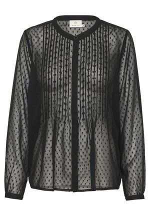 Črna prosojna bluzica z okroglim izrezom, gumbom spredaj, teksturiranimi pikami, navpičnimi črtami ter nabrano obdelavo na pasu in rokavih.