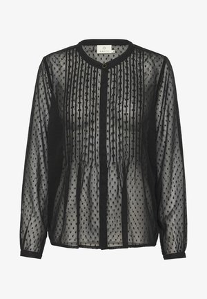 Črna prosojna bluzica z okroglim izrezom, gumbom spredaj, teksturiranimi pikami, navpičnimi črtami ter nabrano obdelavo na pasu in rokavih.
