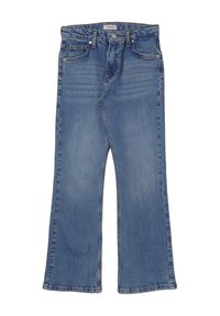 Jean en denim bleu évasé avec une taille mi-haute, cinq poches et un délavage. Présente des détails de couture et une fermeture à boutons à l'avant.